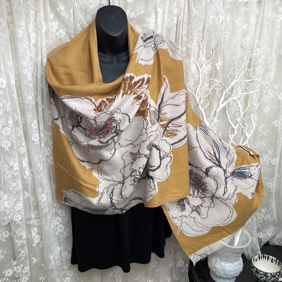 Beyond Soft - Mustard Yellow Scarf Wrap Shawl Floral Large Design - Picture 6 of 7